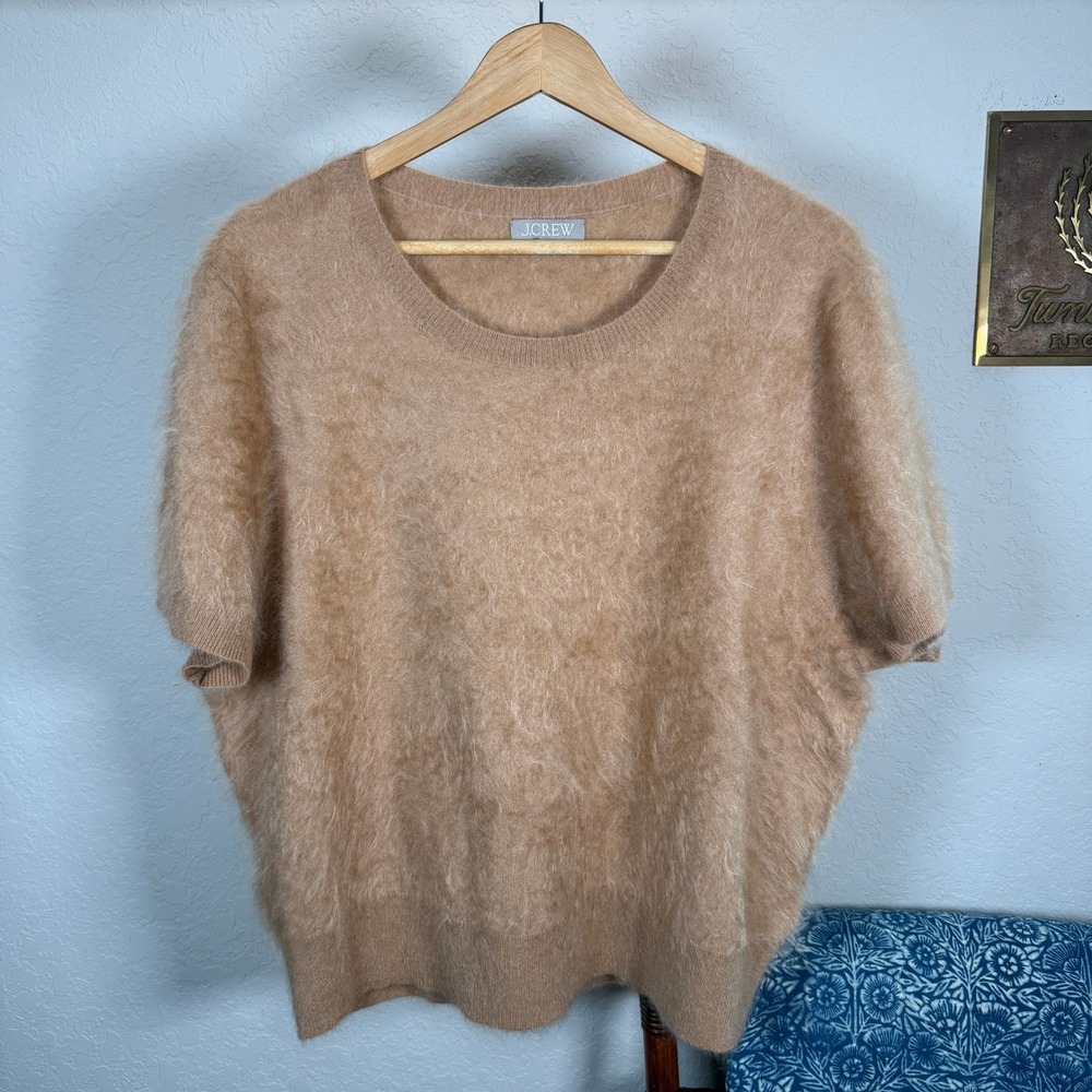 J.Crew XXL Cashmere Short Sleeve Fuzzy Sweater Camel Tan Scoop Neck Knit Top‎
